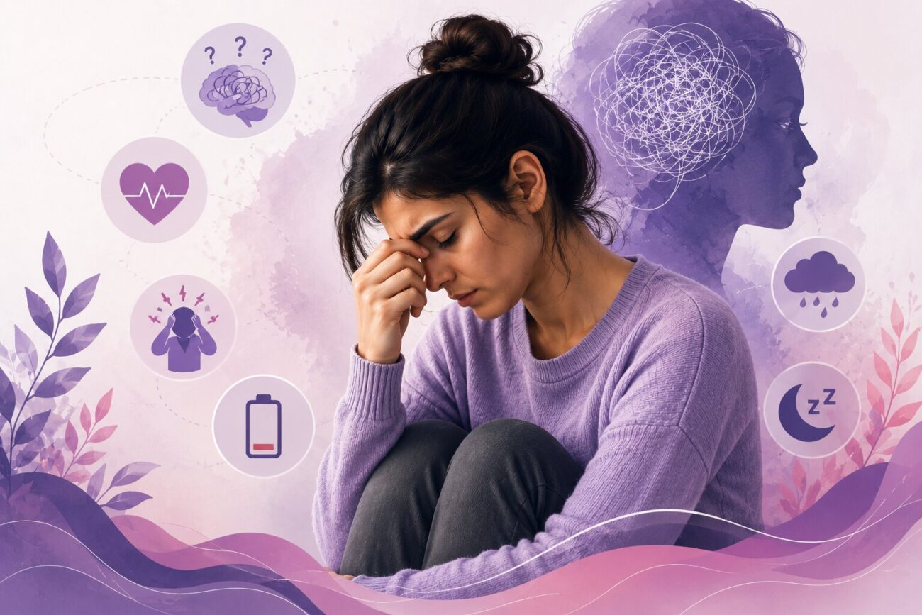 Woman experiencing anxiety symptoms including stress, overthinking, fatigue, emotional pressure, and sleep problems in a calming mental health illustration