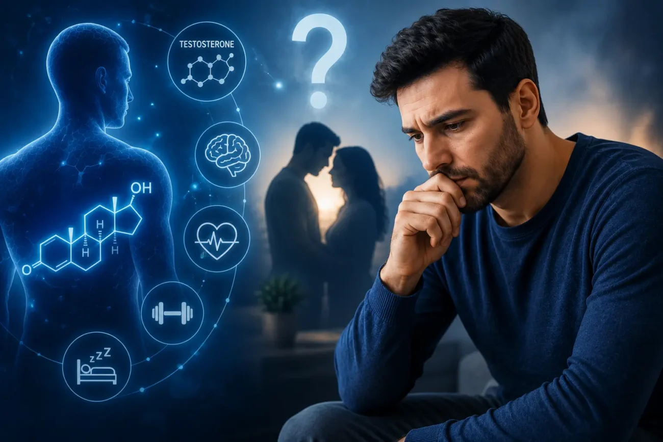 Thoughtful man with hormone and emotional wellness graphics representing male sexual health and intimacy concerns