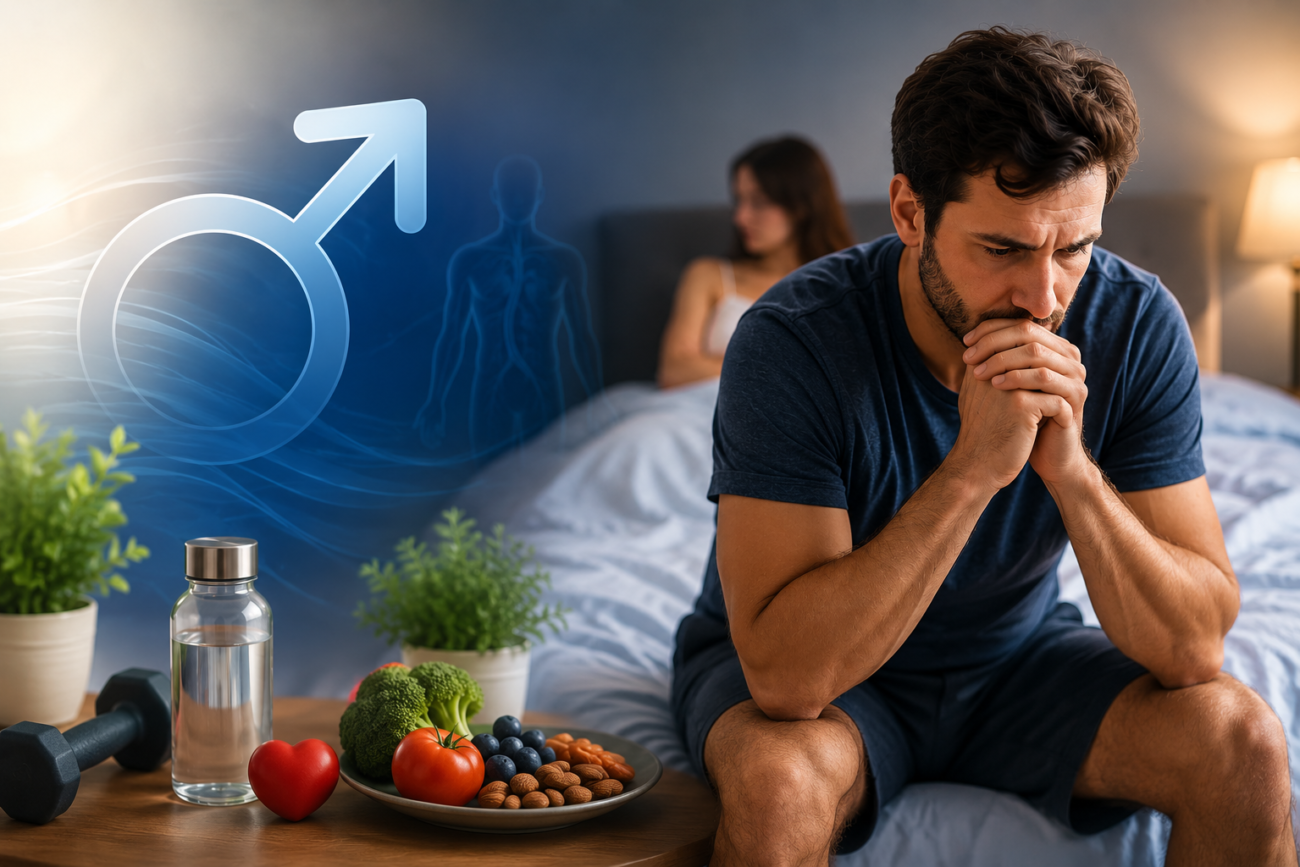 Man struggling with erectile dysfunction and ED treatment health concept