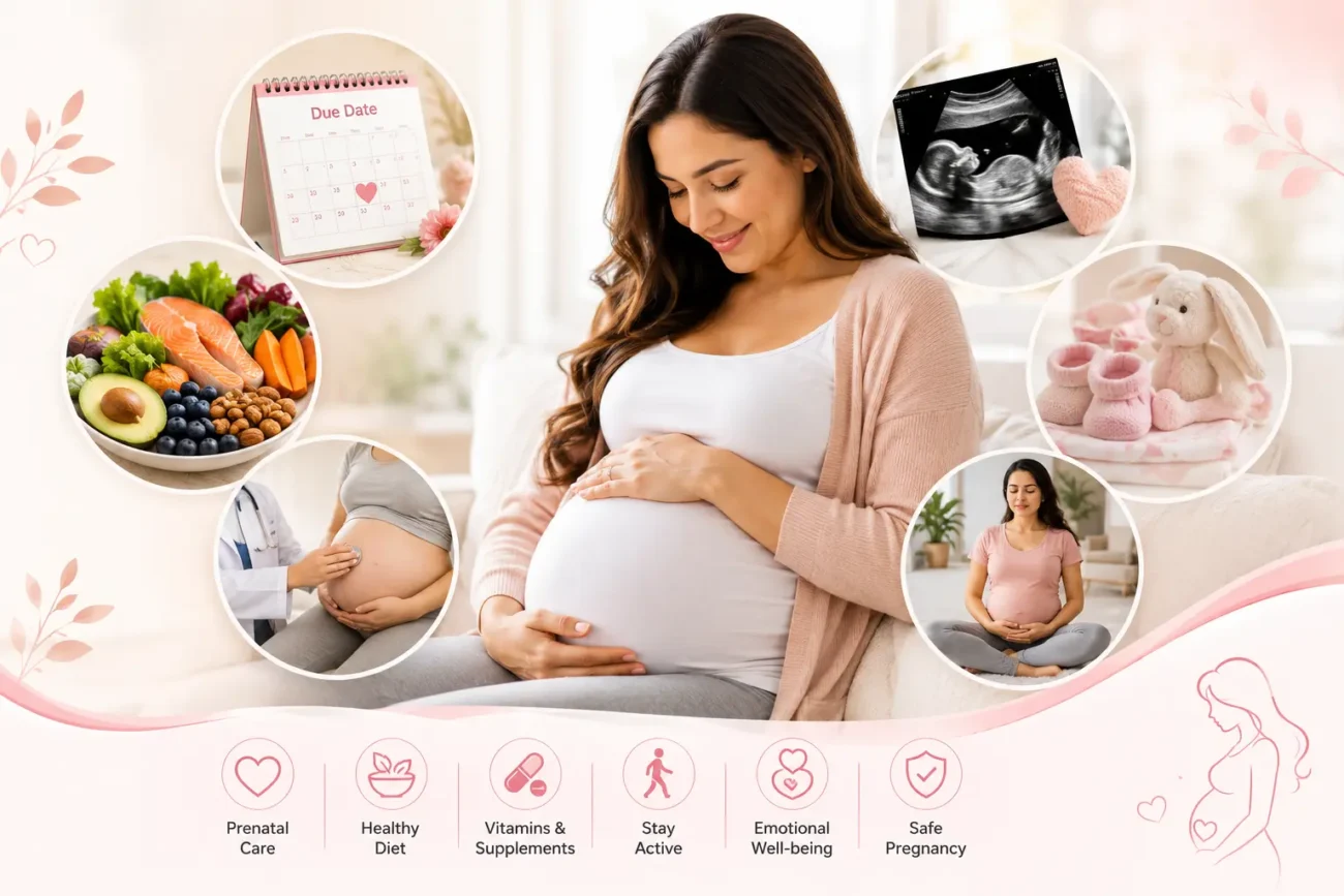 Pregnant woman smiling while holding her belly during prenatal checkup
