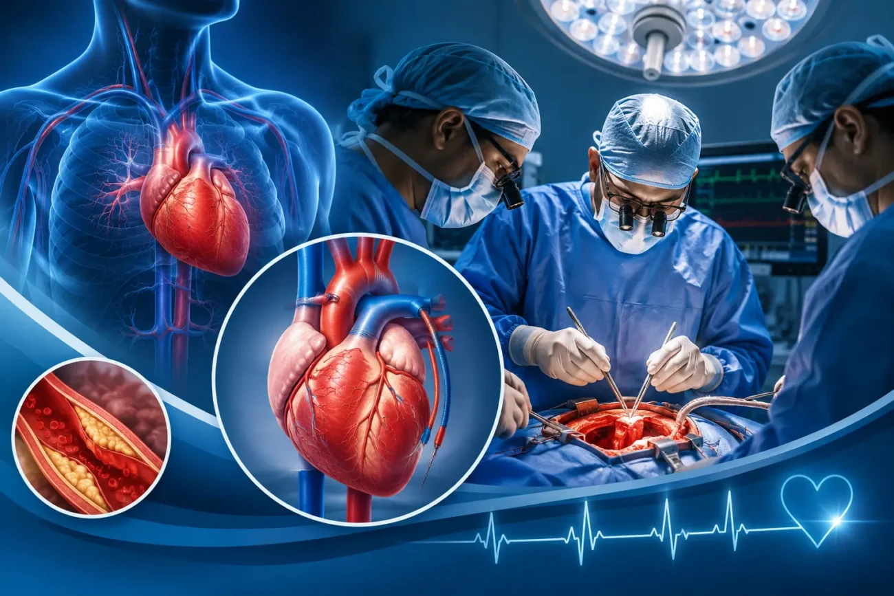 Advanced heart bypass surgery procedure with cardiac surgeons performing open heart surgery in a modern hospital