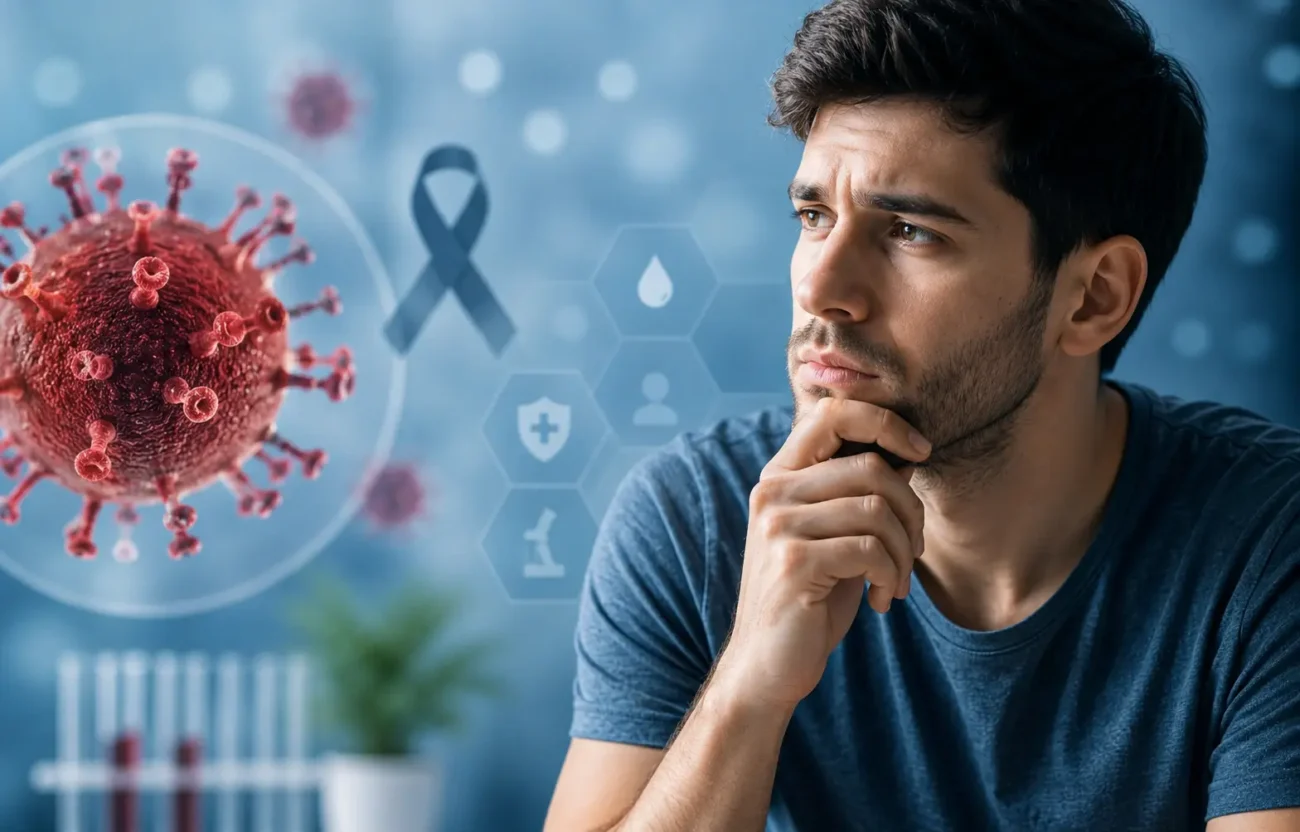 Man concerned about HIV symptoms with medical virus background illustration