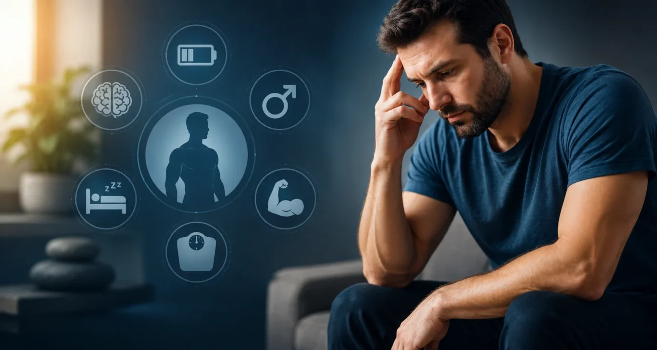 Man experiencing fatigue and stress related to low testosterone symptoms in men