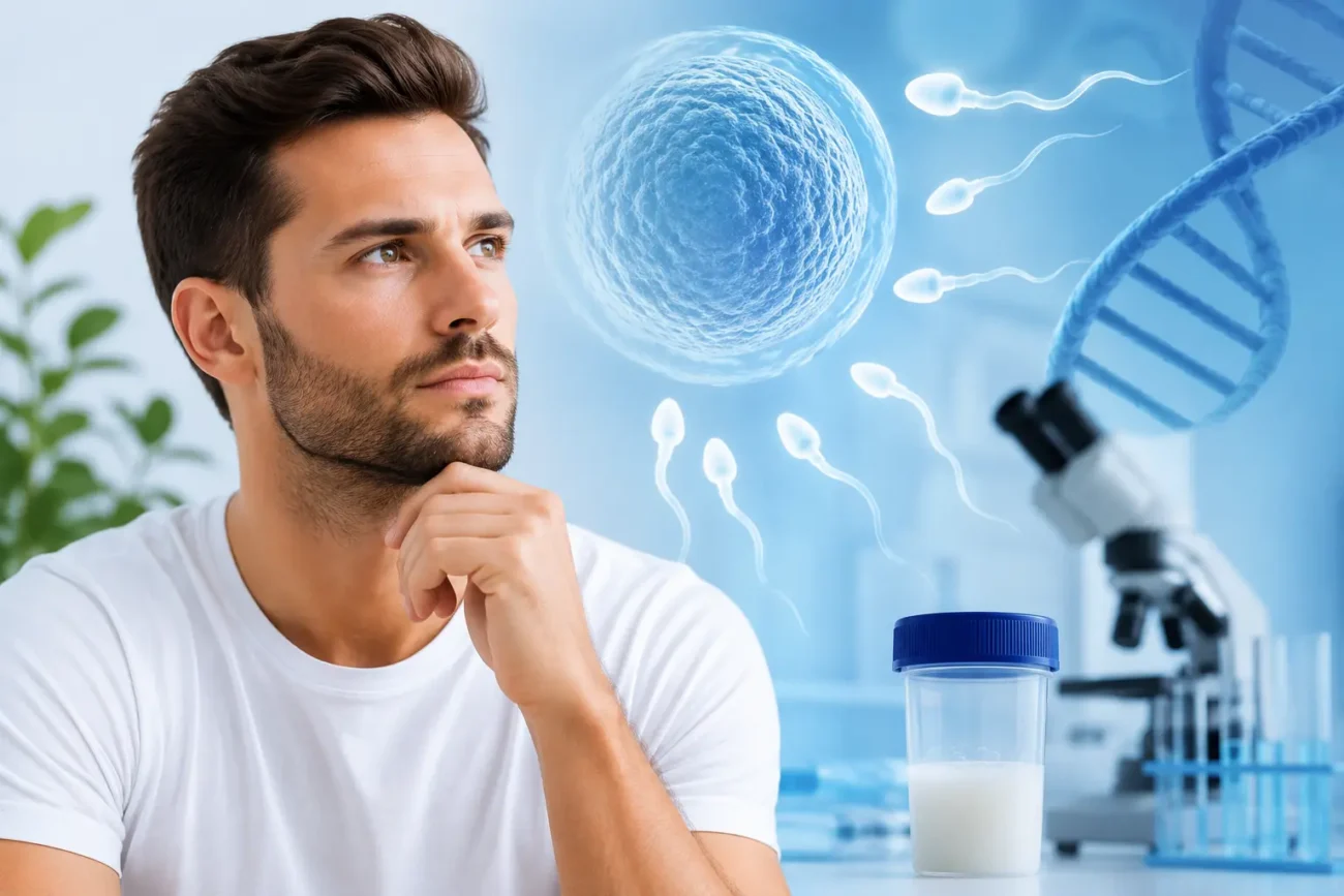 Male fertility test concept showing sperm health, reproductive health, and fertility clinic consultation