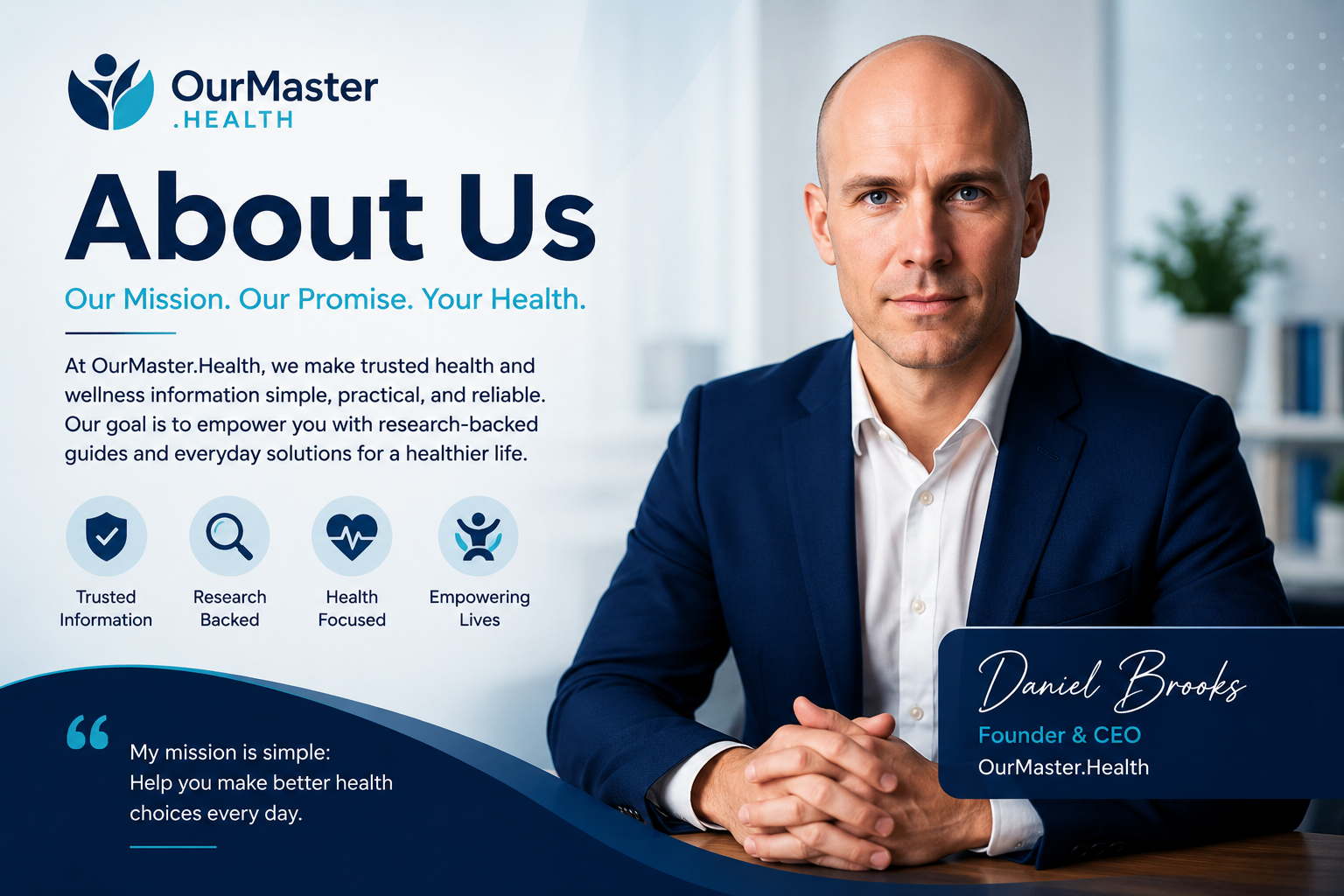 Daniel Brooks, Founder and CEO of OurMaster.Health featured in the About Us banner