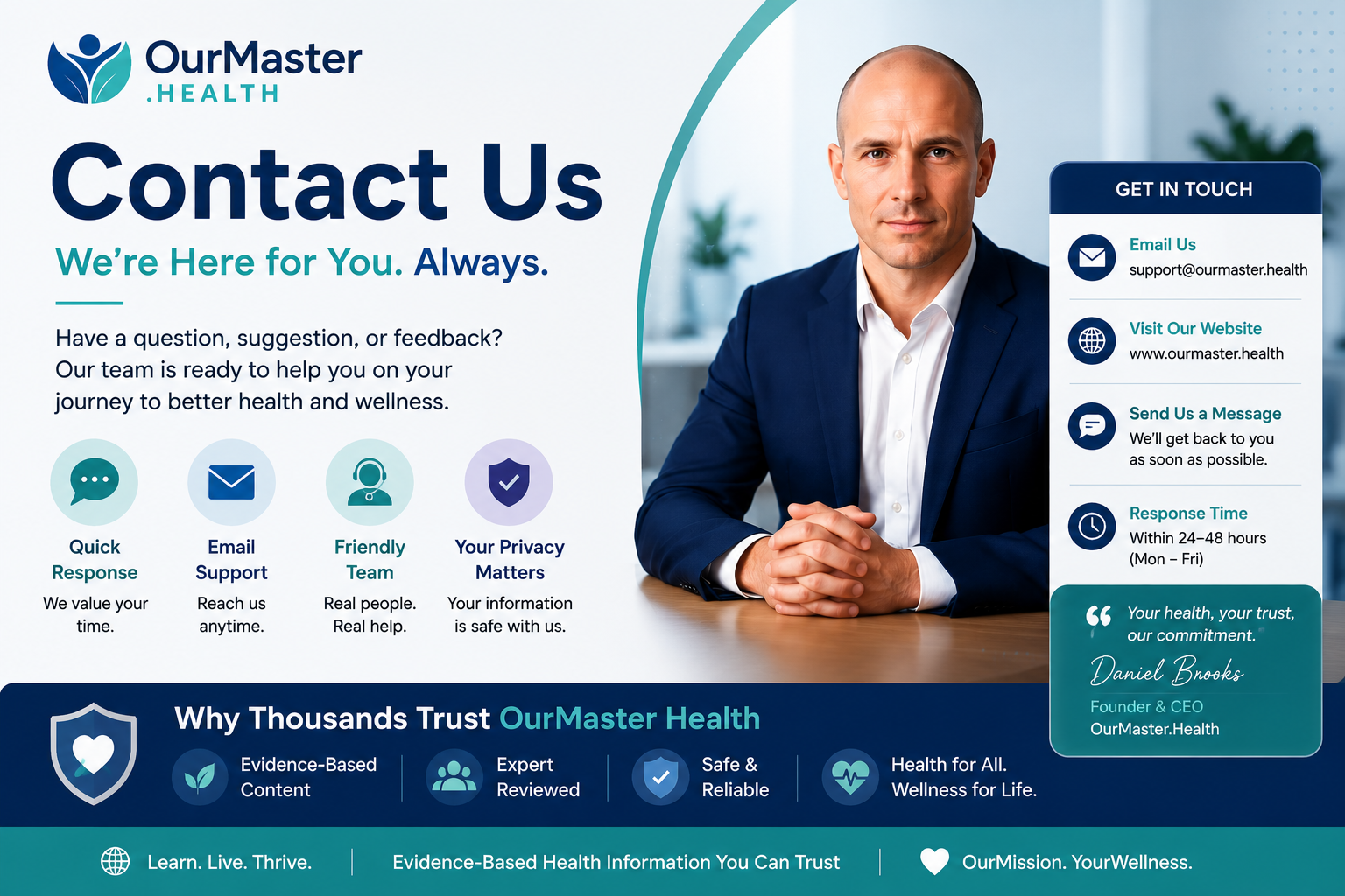 Contact Us feature banner for OurMaster.Health featuring Founder and CEO Daniel Brooks