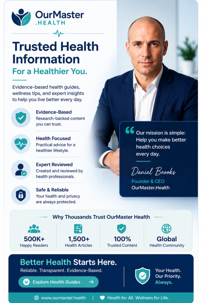 Homepage sidebar sticky banner for OurMaster.Health featuring trusted health information and CEO Daniel Brooks
