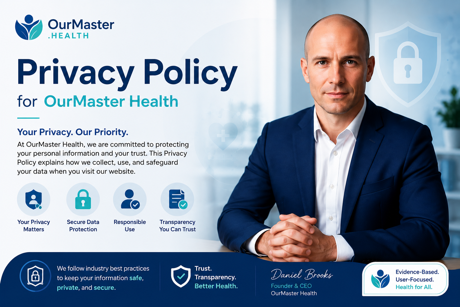 Privacy Policy banner for OurMaster.Health featuring CEO Daniel Brooks and secure data protection messaging