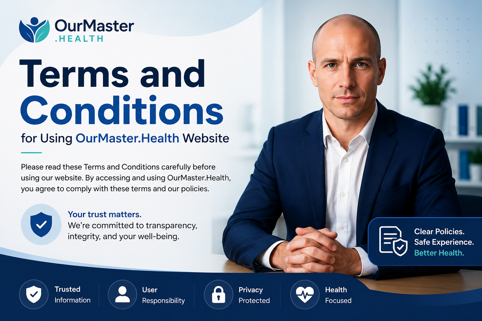 Terms and Conditions banner for OurMaster.Health featuring CEO Daniel Brooks