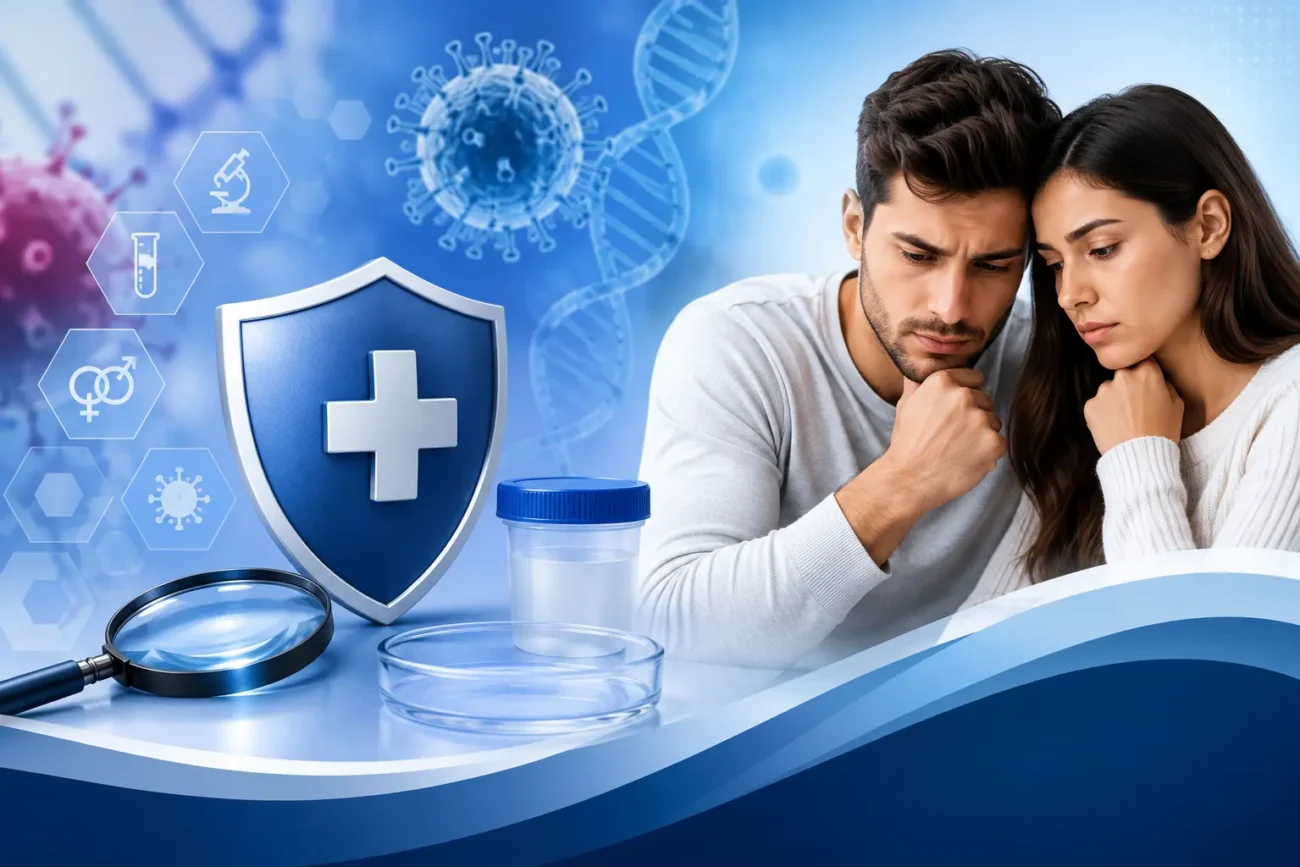 Medical STD symptoms awareness showing a concerned couple with healthcare protection elements and sexual health testing concept